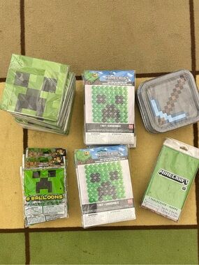 Minecraft themed party supplies, balloons, napkins, plates, tablecloths